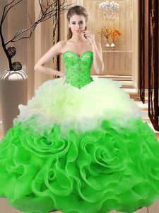 Smart Multi-color Ball Gowns Sweetheart Sleeveless Fabric With Rolling Flowers Floor Length Lace Up Beading and Ruffles Sweet 16 Dress