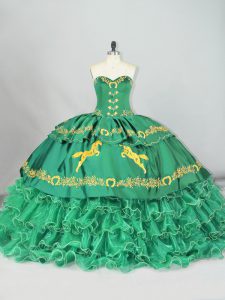 Stylish Green Ball Gowns Embroidery and Ruffled Layers Quince Ball Gowns Lace Up Sleeveless