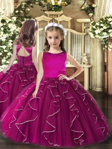 Floor Length Lace Up Child Pageant Dress Fuchsia for Party and Wedding Party with Ruffles