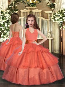 Orange Red Sleeveless Floor Length Ruffled Layers Lace Up Child Pageant Dress