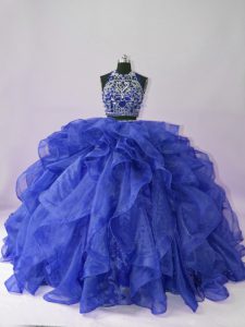 Royal Blue Two Pieces Beading and Ruffles Vestidos de Quinceanera Backless Organza Sleeveless Floor Length