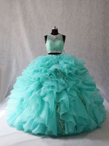 Artistic Beading and Ruffles Ball Gown Prom Dress Aqua Blue Zipper Sleeveless Brush Train