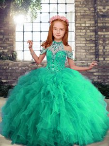 Beading and Ruffles Child Pageant Dress Turquoise Lace Up Sleeveless Floor Length