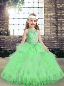 Vintage Yellow Green Tulle Lace Up Scoop Sleeveless Floor Length Little Girls Pageant Dress Wholesale Appliques
