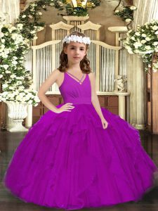 Purple Sleeveless Floor Length Ruffles Zipper Child Pageant Dress