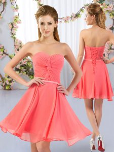 Fashion Watermelon Red Empire Sweetheart Sleeveless Chiffon Mini Length Lace Up Ruching Quinceanera Court Dresses