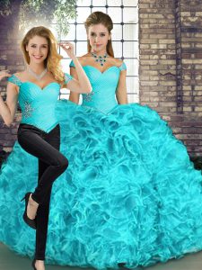 Artistic Aqua Blue Two Pieces Organza Off The Shoulder Sleeveless Beading and Ruffles Floor Length Lace Up Quinceanera Dress