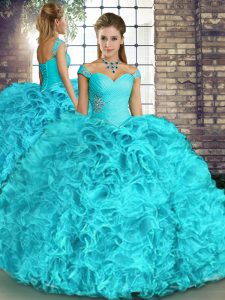 Aqua Blue Sleeveless Floor Length Beading and Ruffles Lace Up Quinceanera Dresses
