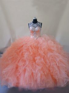 Deluxe Beading and Ruffles Quince Ball Gowns Peach Lace Up Sleeveless Court Train