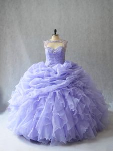 Fine Organza Scoop Sleeveless Brush Train Lace Up Beading and Ruffles and Pick Ups 15th Birthday Dress in Lavender