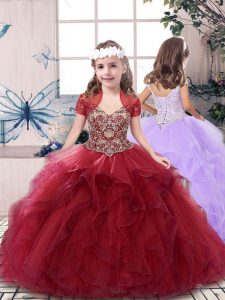 Floor Length Lace Up Kids Formal Wear Red for Party and Sweet 16 and Wedding Party with Beading