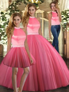 Fabulous Tulle Halter Top Sleeveless Backless Beading Quince Ball Gowns in Coral Red