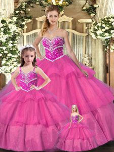 Hot Pink Ball Gowns Beading Quinceanera Gowns Lace Up Organza Sleeveless Floor Length