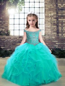 Sleeveless Floor Length Beading and Ruffles Lace Up Kids Pageant Dress with Aqua Blue