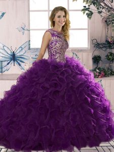 Sleeveless Organza Floor Length Lace Up 15th Birthday Dress in Purple with Beading and Ruffles