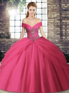 Smart Hot Pink Quince Ball Gowns Tulle Brush Train Sleeveless Beading and Pick Ups