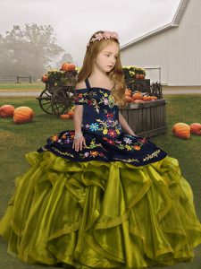 Stunning Straps Sleeveless Little Girls Pageant Gowns Floor Length Embroidery and Ruffles Olive Green Organza