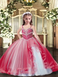 Nice Red Tulle Lace Up Straps Sleeveless Floor Length Kids Pageant Dress Beading