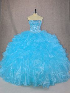 Ideal Blue Lace Up 15th Birthday Dress Beading and Ruffles Sleeveless Floor Length
