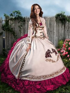 Admirable Hot Pink Lace Up Sweetheart Embroidery and Ruffles Sweet 16 Quinceanera Dress Satin Sleeveless