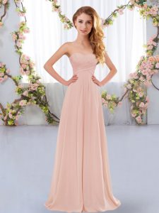 Fantastic Sleeveless Floor Length Ruching Lace Up Vestidos de Damas with Pink