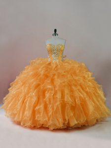 High Class Sleeveless Organza Floor Length Lace Up 15th Birthday Dress in Orange with Beading and Ruffles