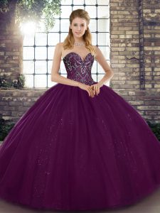 Stylish Tulle Sweetheart Sleeveless Lace Up Beading Quinceanera Dresses in Dark Purple