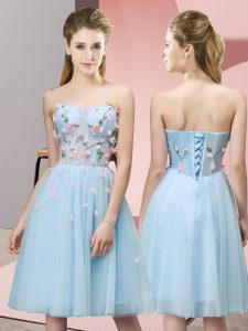 Sleeveless Tulle Knee Length Lace Up Dama Dress in Light Blue with Appliques