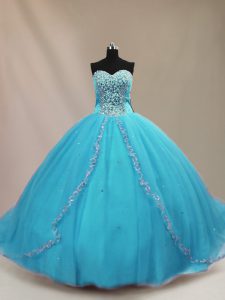 Wonderful Sleeveless Beading Lace Up 15th Birthday Dress with Aqua Blue Court Train