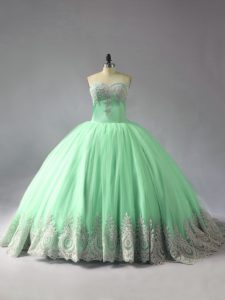 Apple Green Ball Gowns Appliques Quince Ball Gowns Lace Up Tulle Sleeveless