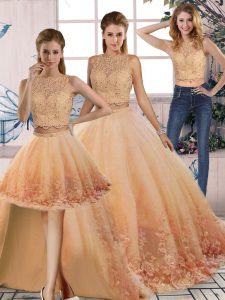 Dynamic Sleeveless Lace Backless Quinceanera Gowns with Peach Sweep Train