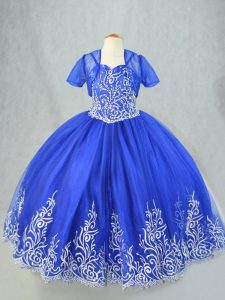 Royal Blue Lace Up Little Girls Pageant Dress Beading and Embroidery Sleeveless Floor Length