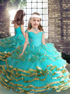 Amazing Aqua Blue Ball Gowns Tulle Straps Sleeveless Beading and Ruching Floor Length Lace Up Girls Pageant Dresses