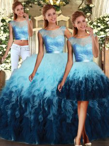 Exquisite Multi-color Tulle Lace Up Quinceanera Gowns Sleeveless Floor Length Lace and Ruffles