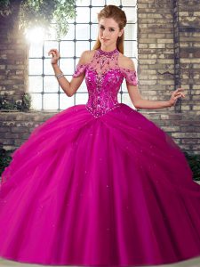 Fitting Halter Top Sleeveless Quince Ball Gowns Brush Train Beading and Pick Ups Fuchsia Tulle