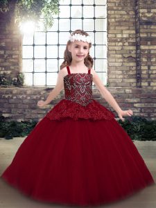 Unique Red Sleeveless Floor Length Beading Zipper Little Girl Pageant Dress