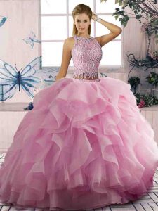 Scoop Sleeveless Quinceanera Dresses Floor Length Beading and Ruffles Pink Tulle