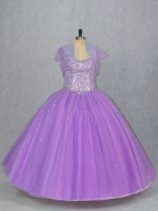 Great Sleeveless Tulle Floor Length Lace Up Quince Ball Gowns in Lavender with Beading