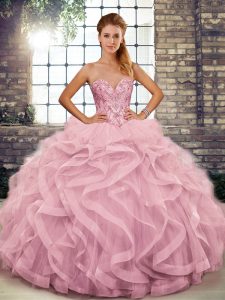 Floor Length Pink Vestidos de Quinceanera Sweetheart Sleeveless Lace Up