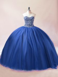 Cheap Floor Length Blue Ball Gown Prom Dress Tulle Sleeveless Beading