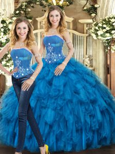 Captivating Strapless Sleeveless Lace Up Sweet 16 Quinceanera Dress Blue Tulle