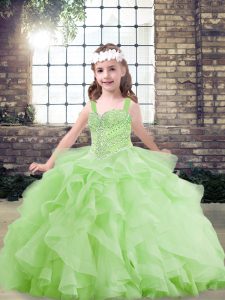 Pretty Sleeveless Tulle Floor Length Lace Up Little Girls Pageant Dress in Yellow Green with Beading and Ruffles