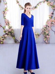 Elegant V-neck Half Sleeves Vestidos de Damas Ankle Length Ruching Royal Blue Satin