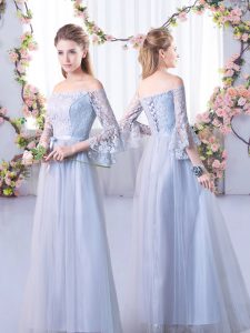 Trendy Grey Tulle Lace Up Off The Shoulder 3 4 Length Sleeve Floor Length Dama Dress Lace