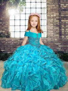 Gorgeous Aqua Blue Ball Gowns Organza Straps Sleeveless Beading Floor Length Lace Up Kids Formal Wear