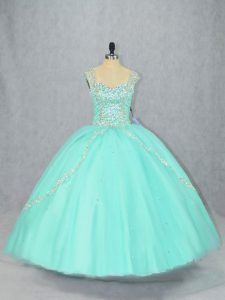 Inexpensive Straps Cap Sleeves Quince Ball Gowns Brush Train Beading Apple Green Tulle