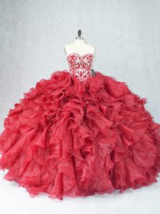Admirable Sleeveless Organza Floor Length Lace Up Quinceanera Gown in Burgundy with Beading and Ruffles