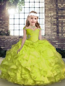 Yellow Green Ball Gowns Beading and Ruffles and Ruching Little Girl Pageant Dress Lace Up Organza Sleeveless Floor Length