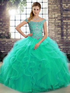 Brush Train Ball Gowns Quinceanera Dress Turquoise Off The Shoulder Tulle Sleeveless Lace Up