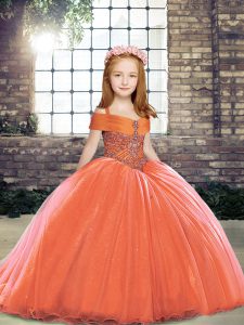 Amazing Orange Red Tulle Lace Up Little Girl Pageant Dress Sleeveless Floor Length Beading